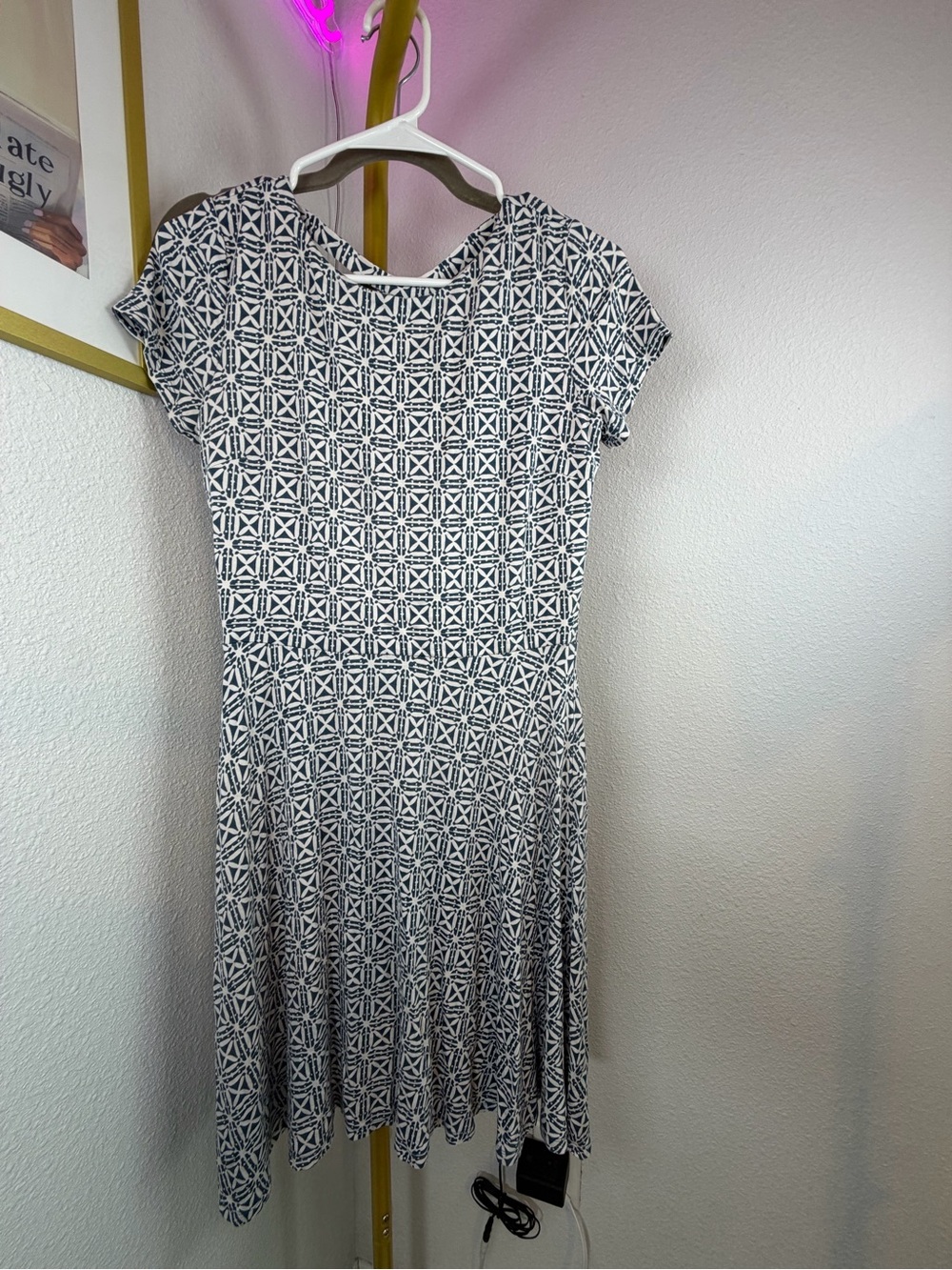Loft Blue & White Geometric Fit-and-Flare Dress - Size 2P with zipper